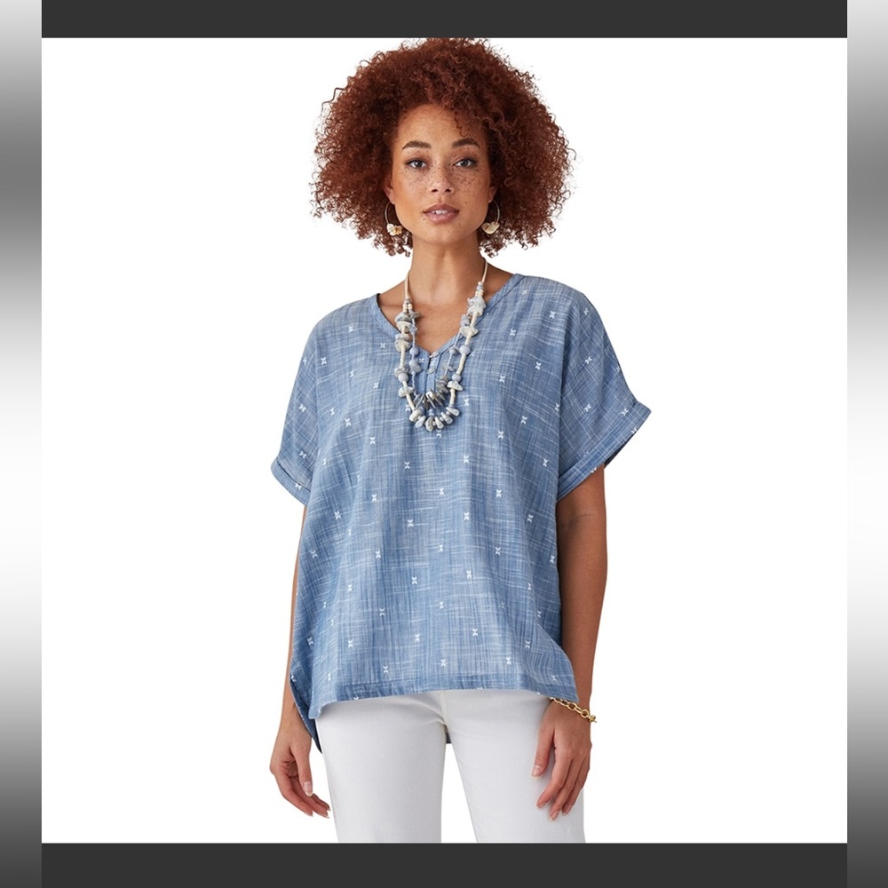 NWT Charlie Paige Cotton Blouse medium blue chambray embroidered white accents